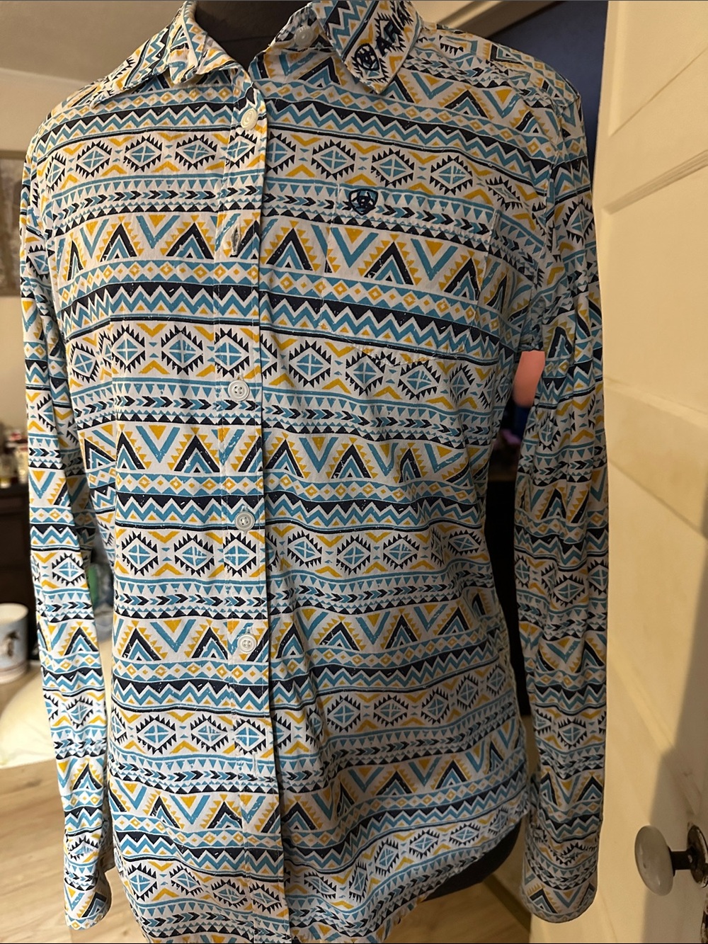 Ariat Blue, Yellow & White Geometric Print Shirt Jacket